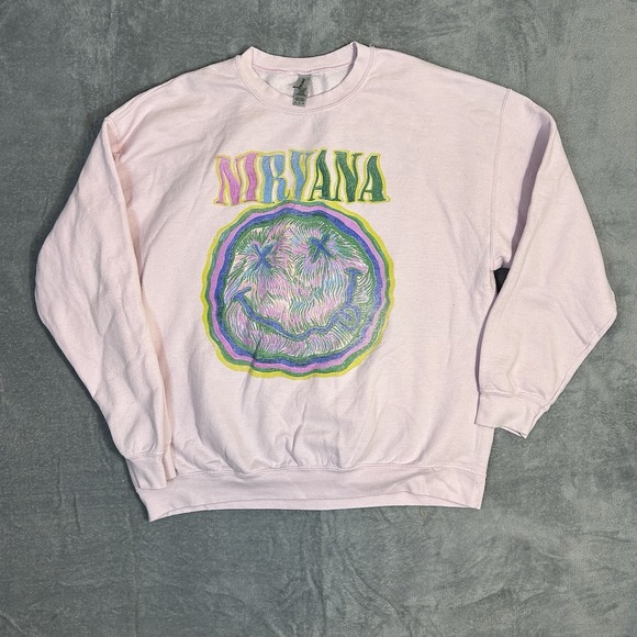 Guilden Heavy Blend Other - Nirvana Smiley Graphic Crewneck Sweatshirt XL Pink Vintage Band Merch